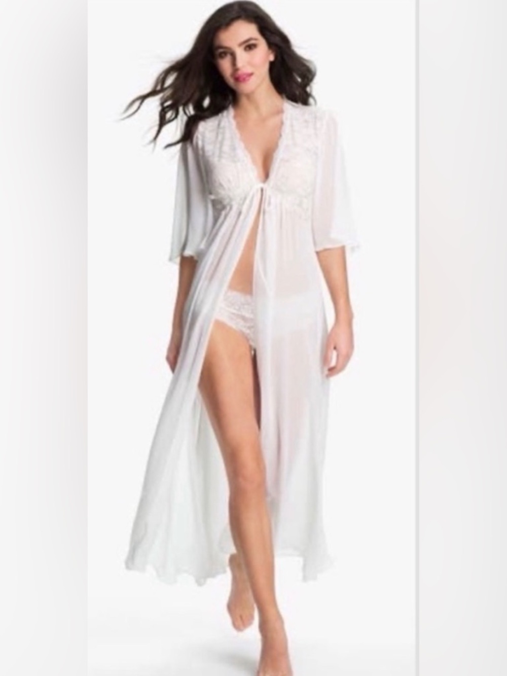 In Bloom by Jonquil Sheer White Lace Beaded sheer maxi womens elegant robe, Lg